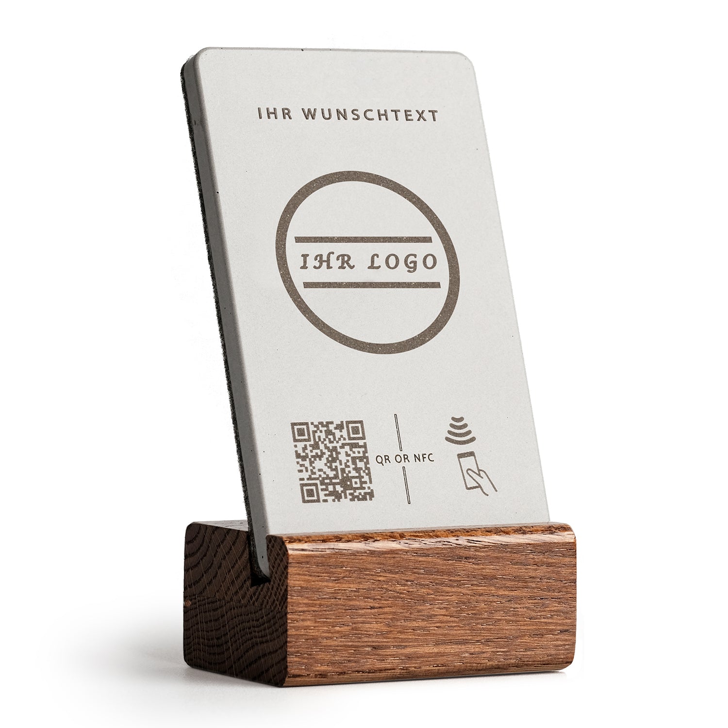 Personalisierter NFC Aufsteller mit QR-Code - Solid Oak - Design 1