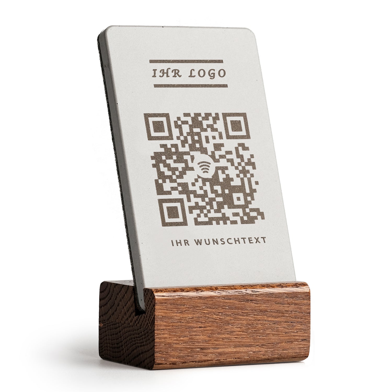 Personalisierter NFC Aufsteller mit QR-Code - Solid Oak - Design 2