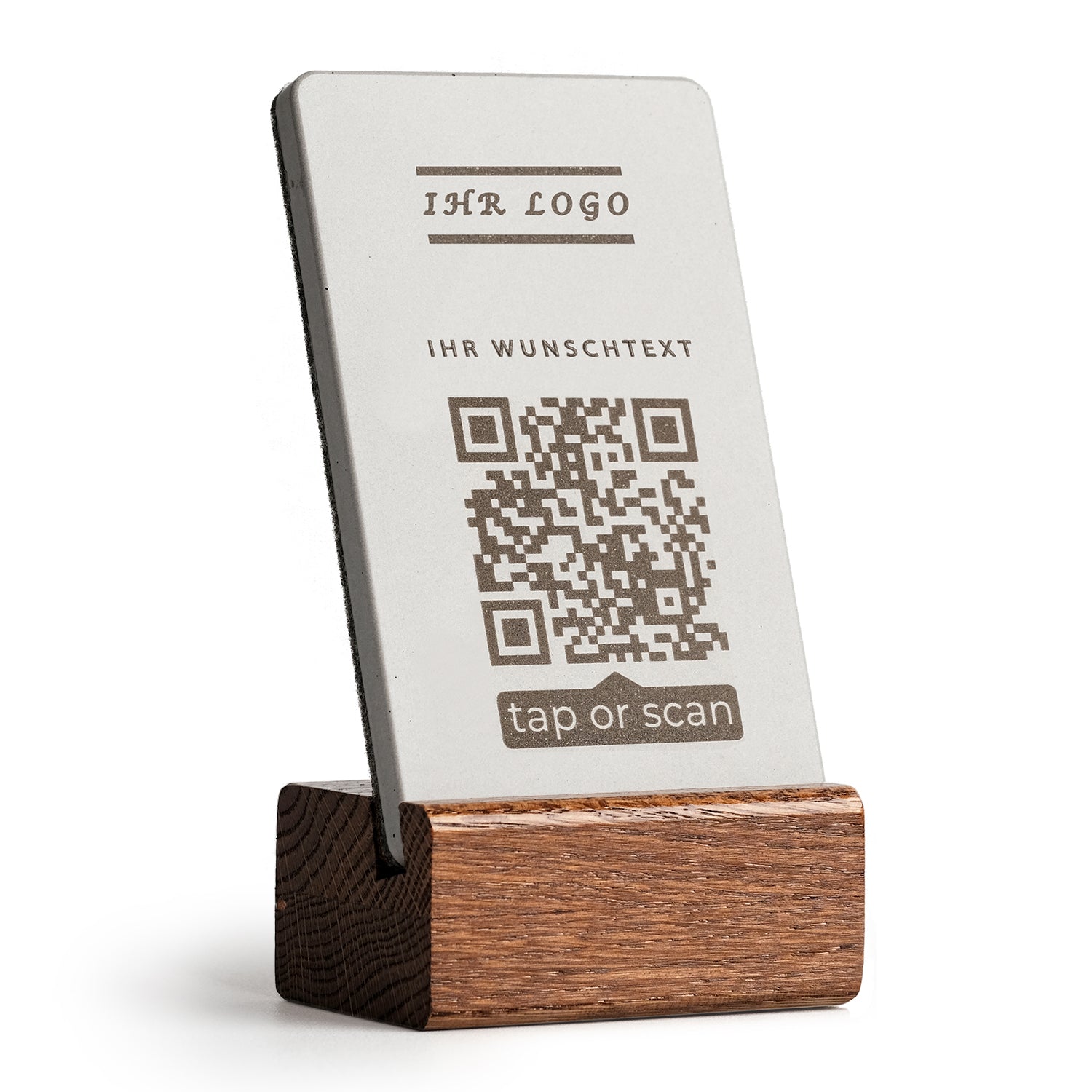 Personalisierter NFC Aufsteller mit QR-Code - Solid Oak - Design 3