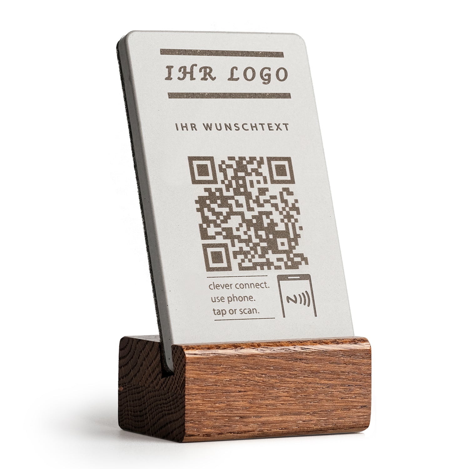 Personalisierter NFC Aufsteller mit QR-Code - Solid Oak - Design 4