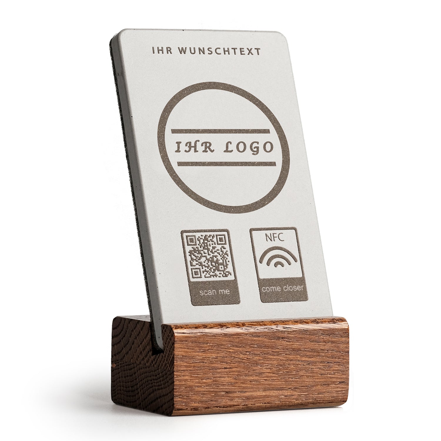 Personalisierter NFC Aufsteller mit QR-Code - Solid Oak - Design 5