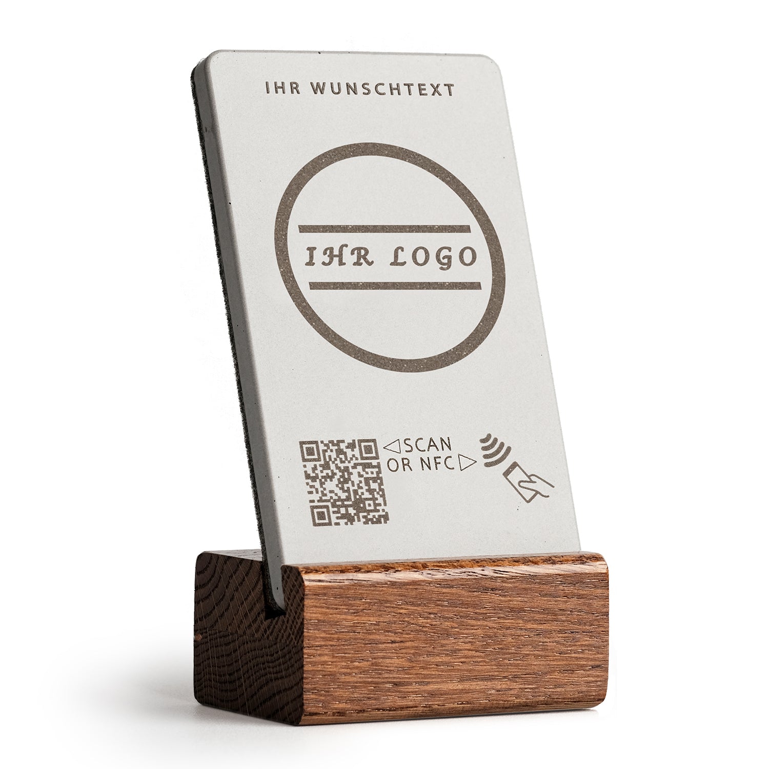 Personalisierter NFC Aufsteller mit QR-Code - Solid Oak - Design 6